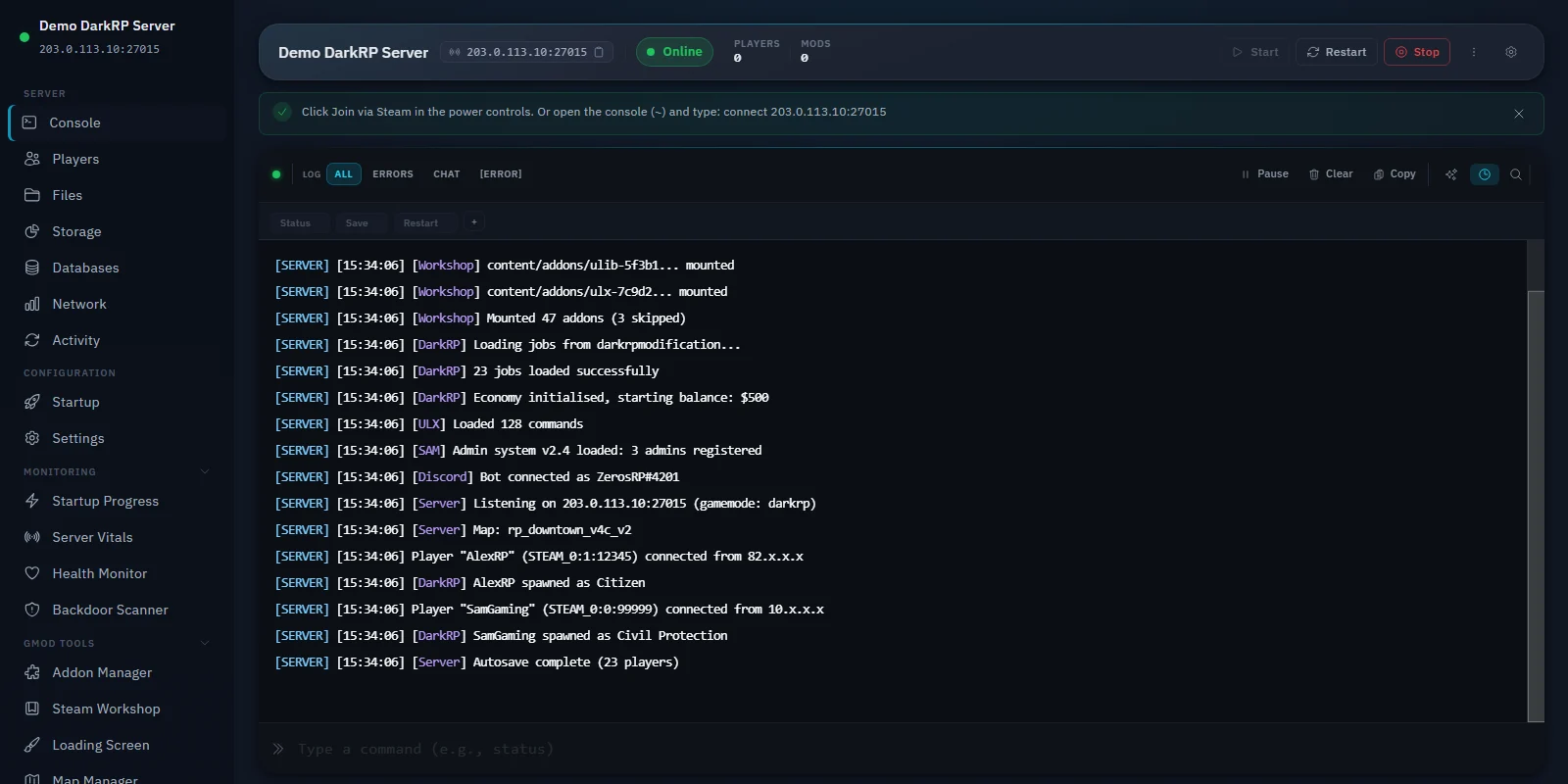 Live console for a DarkRP server in the Zeros Host panel, showing addons mounting and players joining