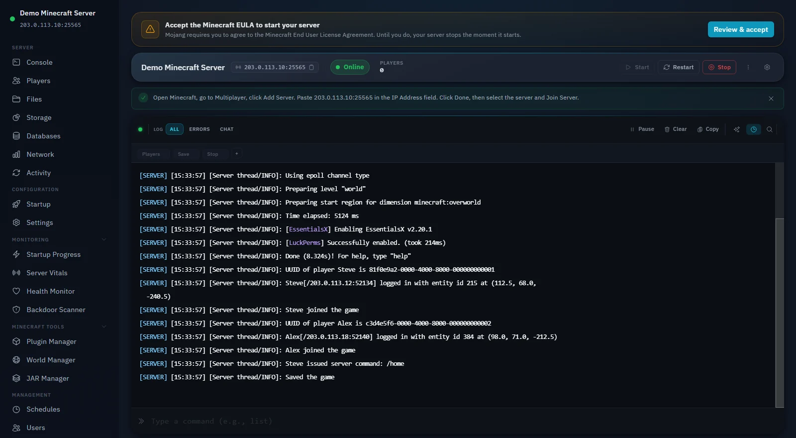 Live console for a Paper Minecraft server in the Zeros Host panel, showing plugins loading and players joining