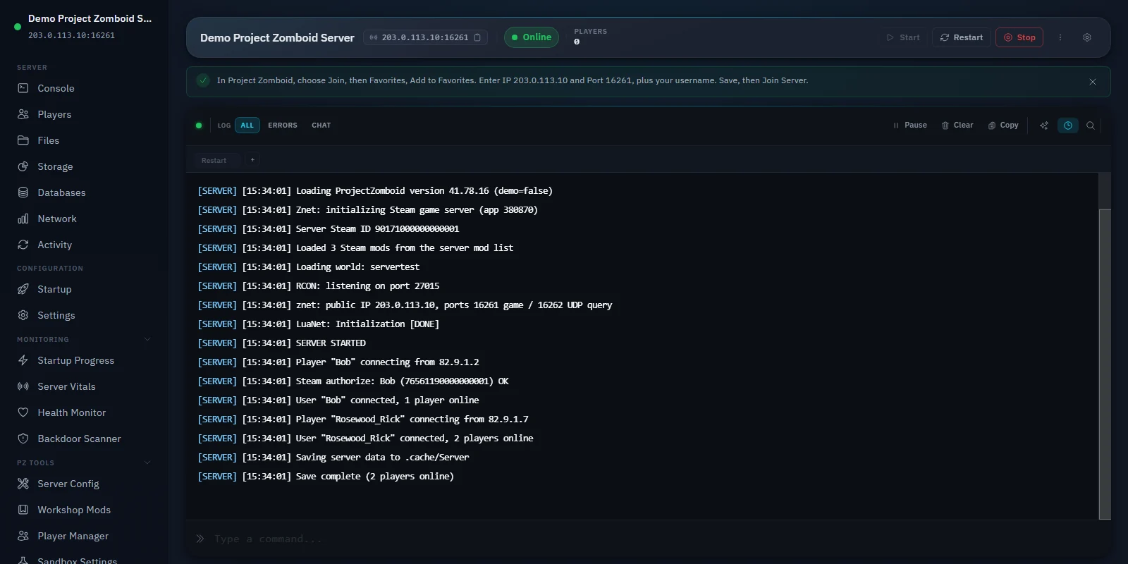 Live console for a Project Zomboid server in the Zeros Host panel, showing the world loading and players connecting